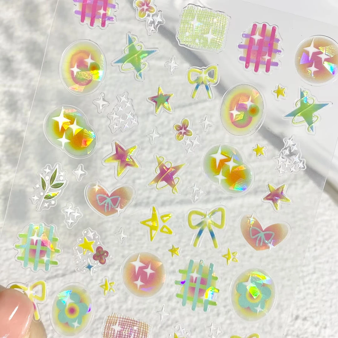 贝壳光彩色多巴胺蝴蝶结星芒纱布立体浮雕美甲贴纸防水背胶装饰贴