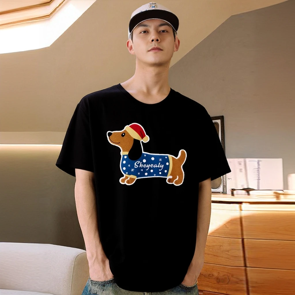 腊肠小狗绣花短袖T恤男夏季美式复古趣味宽松情侣刺绣半袖打底衫