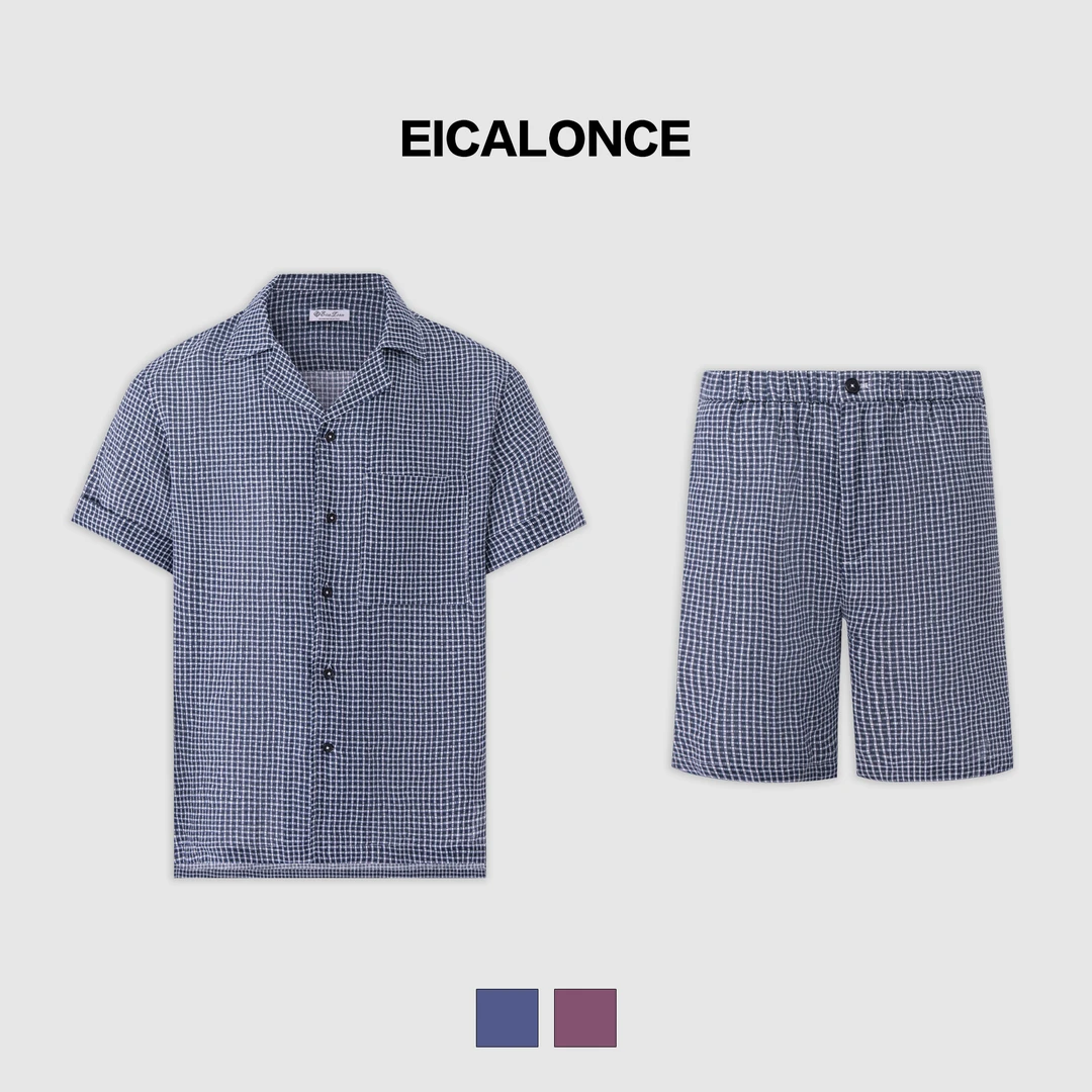 意卡伦萨25新款100%亚麻夏季男短袖衬衫/百慕大短裤舒适套装61243