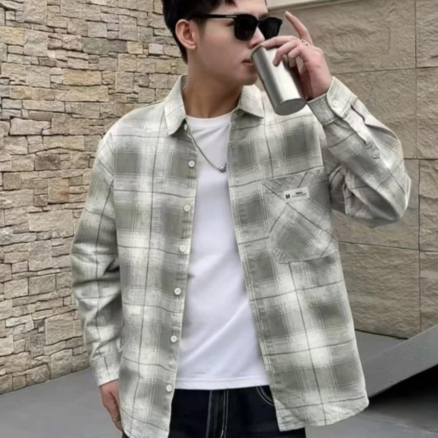 <早春特惠＞竹节棉格子长袖衬衫宽松休闲外套