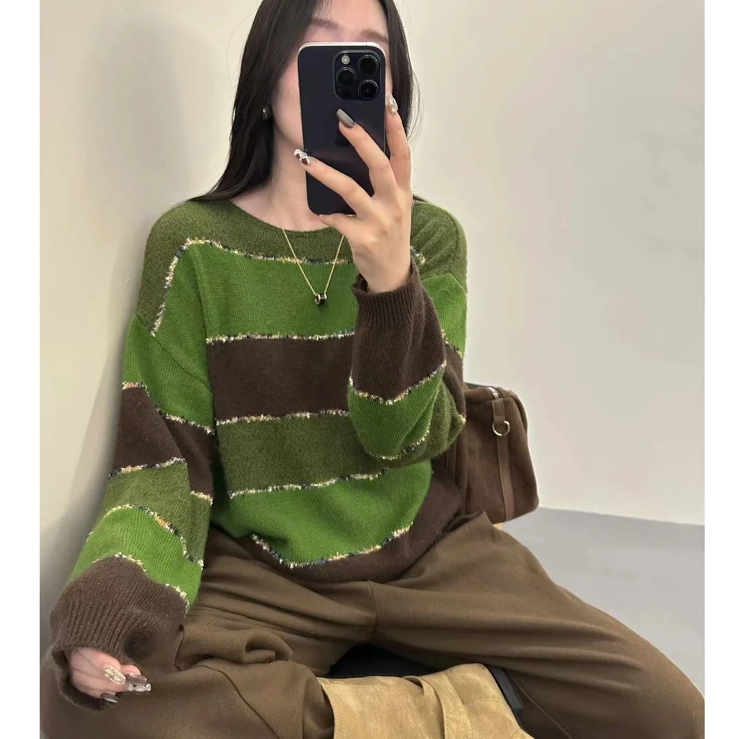 MEIZHENZI【提拉米苏】流光 绵羊毛混纺条纹针织衫女毛衣#2088