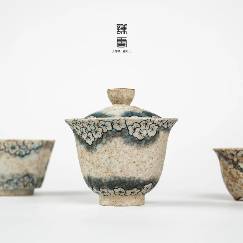 谦云手绘青花葵口盖碗家用陶瓷带盖茶碗高档复古功夫茶具礼盒装