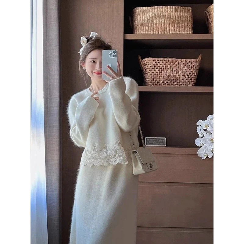 两件套名媛秋冬款针织半身裙白色毛衣气质两件套女高级感小洋装