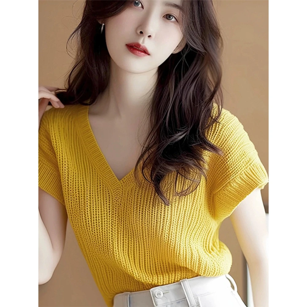 黄色针织短袖T恤女2025新款欧货小衫洋气独特别致绝美上衣夏