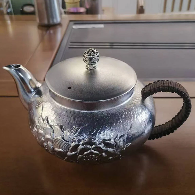 足银玻璃银制品纯钛茶壶纯手工家用泡茶壶功夫茶具泡茶茶壶锤纹带