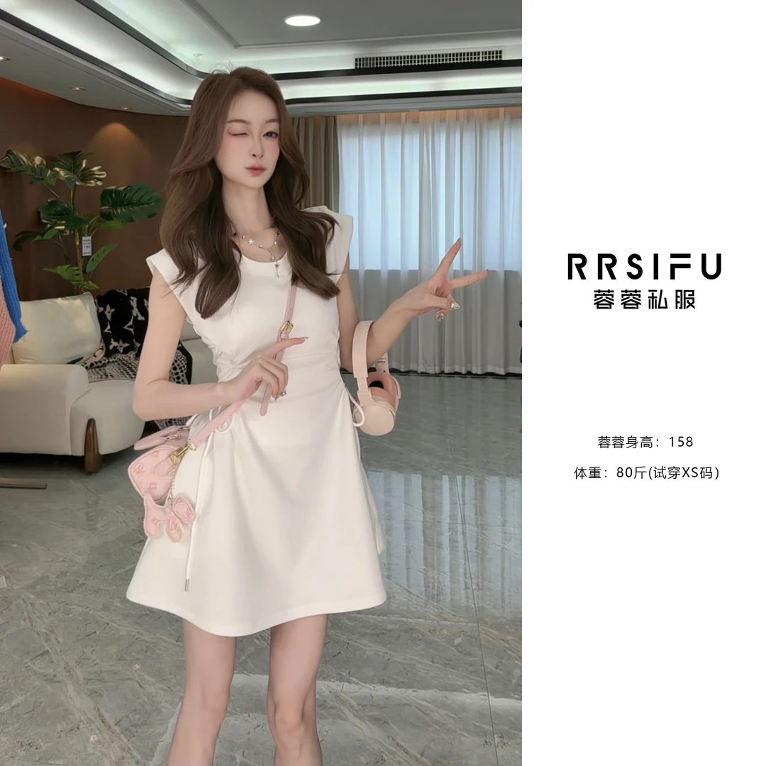 【RRSIFI蓉蓉专属】XS2336新款自制白色方领收腰系带修身连衣裙