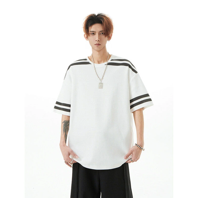 美式复古短袖t恤男夏季cleanfit慵懒风撞色条纹宽松圆领