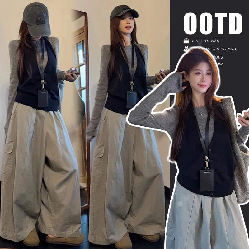 孕妇早秋韩系穿搭一整套女秋季2025新款灰色长袖上衣阔腿裤套装裤