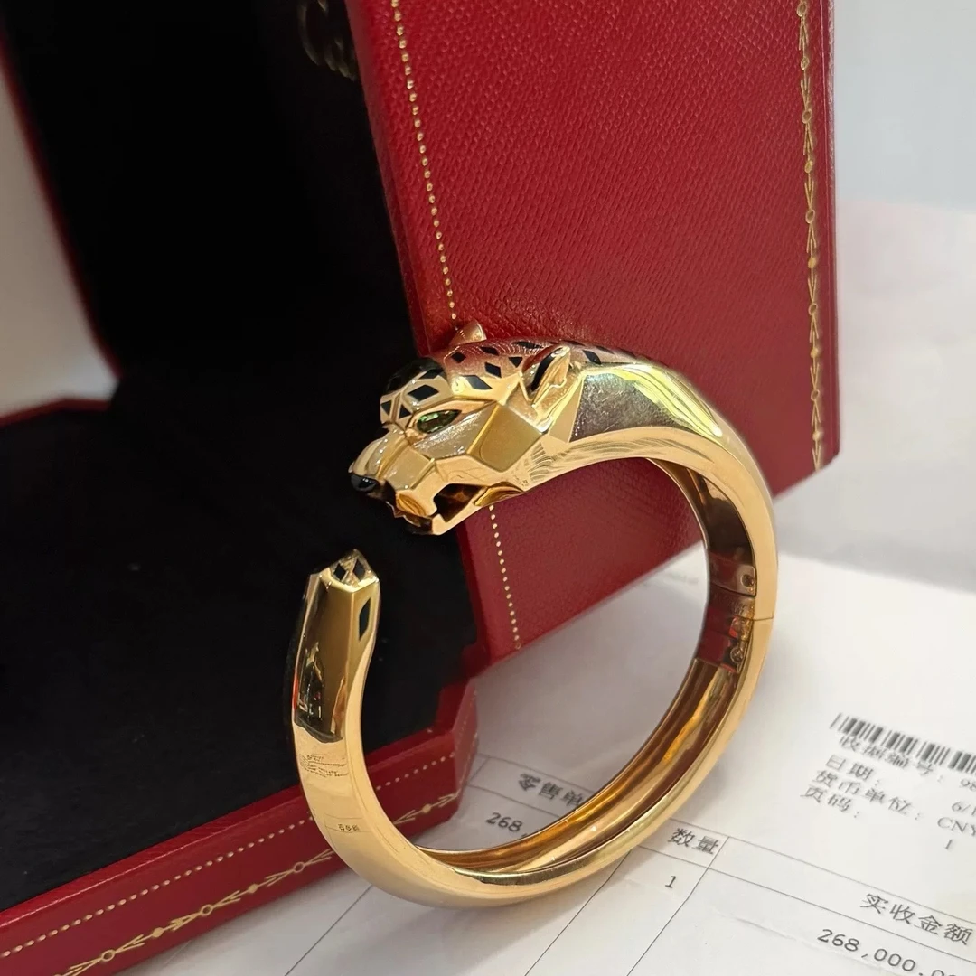 99新 Cartier/卡地亚 小花6珊 猎豹手镯 镶嵌祖母绿玛瑙 手镯18码