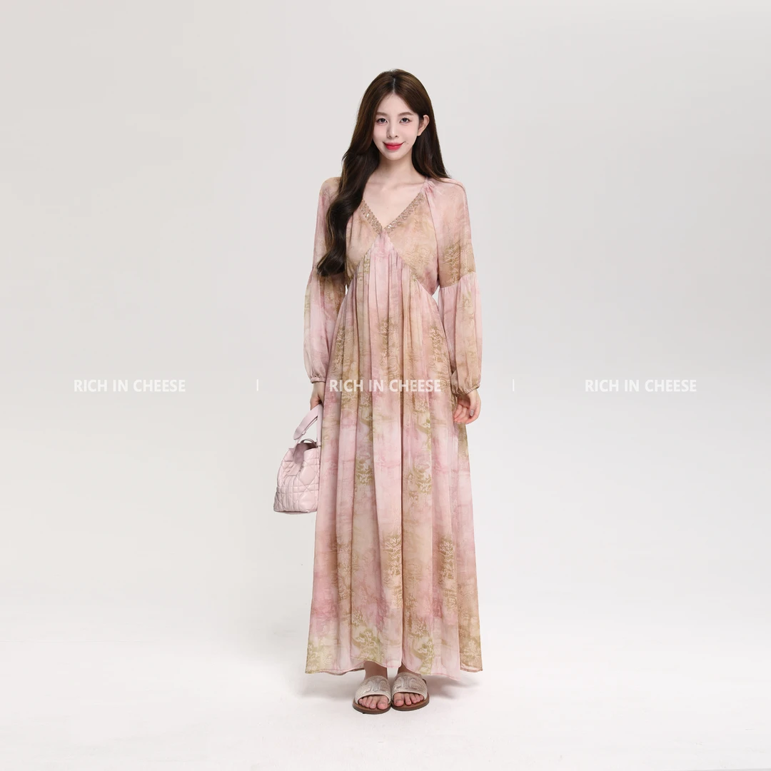 RICHINCHEESE 艺术油画 v领两穿（收腰和不收腰）碎花长袖连衣裙