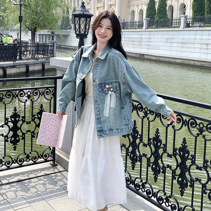 蕾丝拼接牛仔外套女2025春秋新款韩系设计感又酷又飒爆款夹克上衣