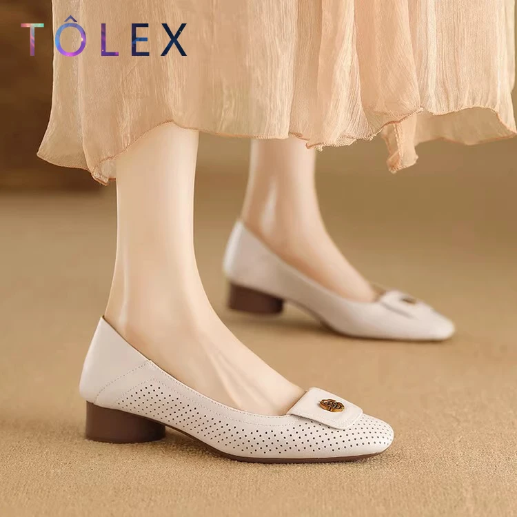 TOLEX粗跟镂空透气浅口时尚低跟套筒平底皮鞋单鞋百搭方头