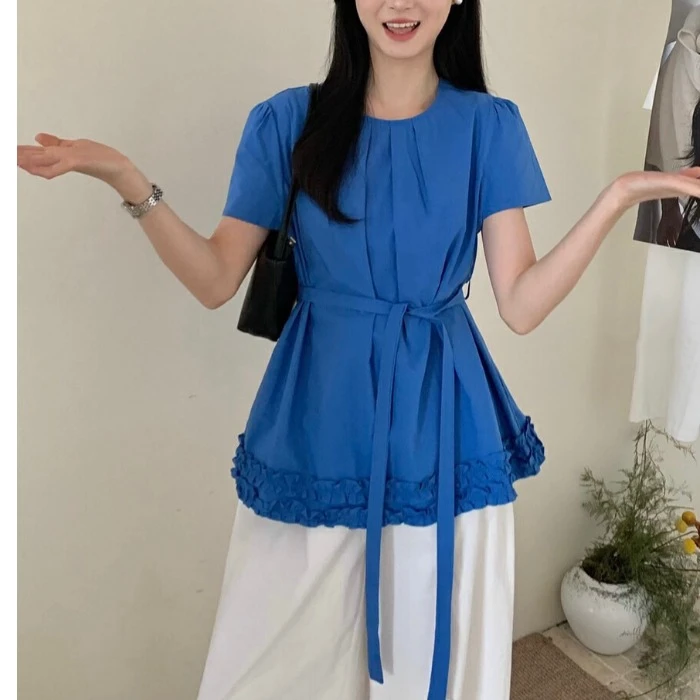 清新风圆领宽松系带百搭小衫配腰带