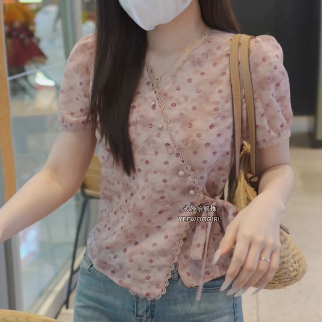 【大脸哈】波点花边斜边系带衬衫女短袖夏时尚洋气甜美减龄短袖上衣
