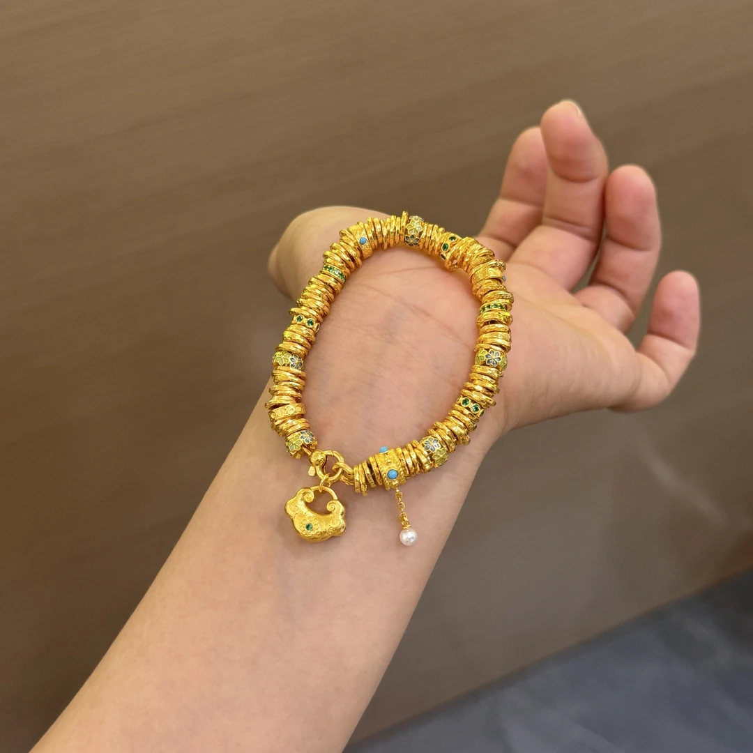 【菠萝珠宝】足金999 如意锁包搭配跑环 盘缠手链 金重：56.48克