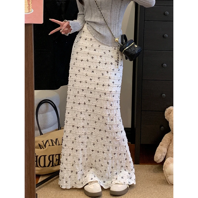大码木耳边蝴蝶结印花蕾丝碎花鱼尾半身裙早春包臀长裙
