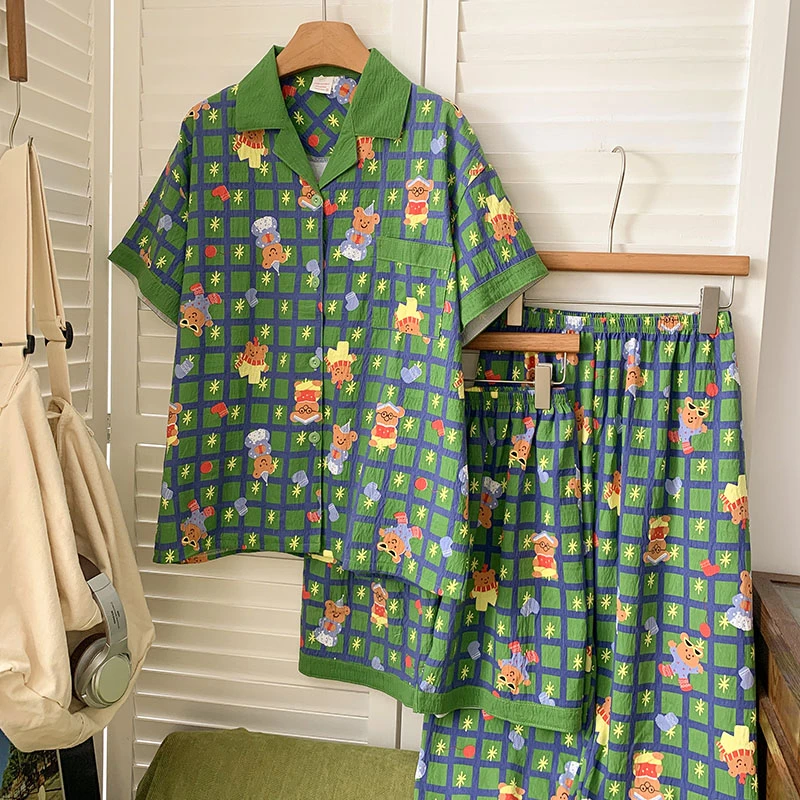 森系卡通圣诞小熊棉绸睡衣女款夏季短袖ins绿色格子家居服三件套