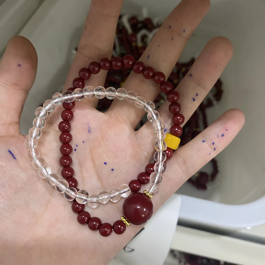 含辰砂工艺品6mm半山半水白水晶手链朱砂手链106