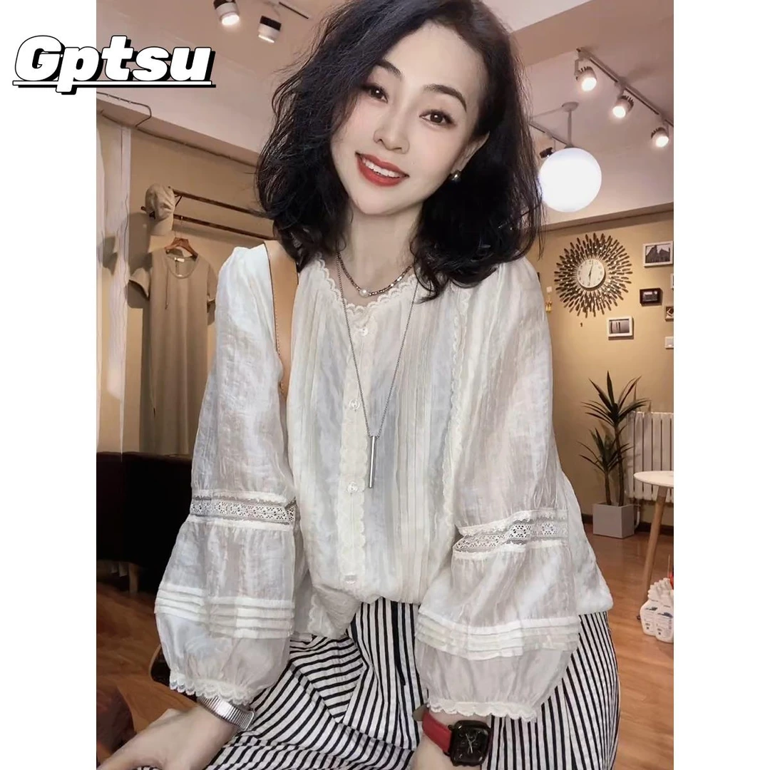 GPTSu蕾丝花边长袖衬衫女春秋季宽松法式上衣时尚气质小衫白衬衣