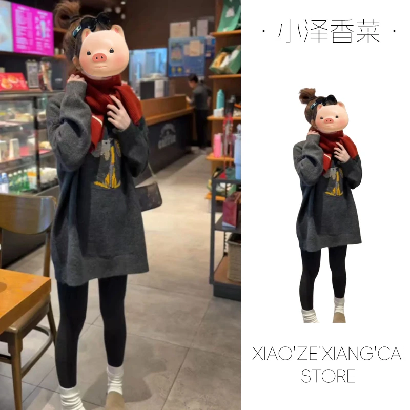 灰色圆领套头卡通小狗毛衣女2025新款秋冬季加厚慵懒风针织衫上衣