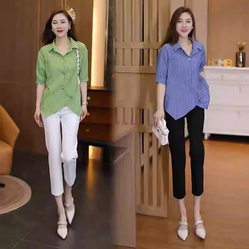 休闲短袖条纹衬衫女不规则翻领衬衣夏季新款设计感宽松五分袖上衣