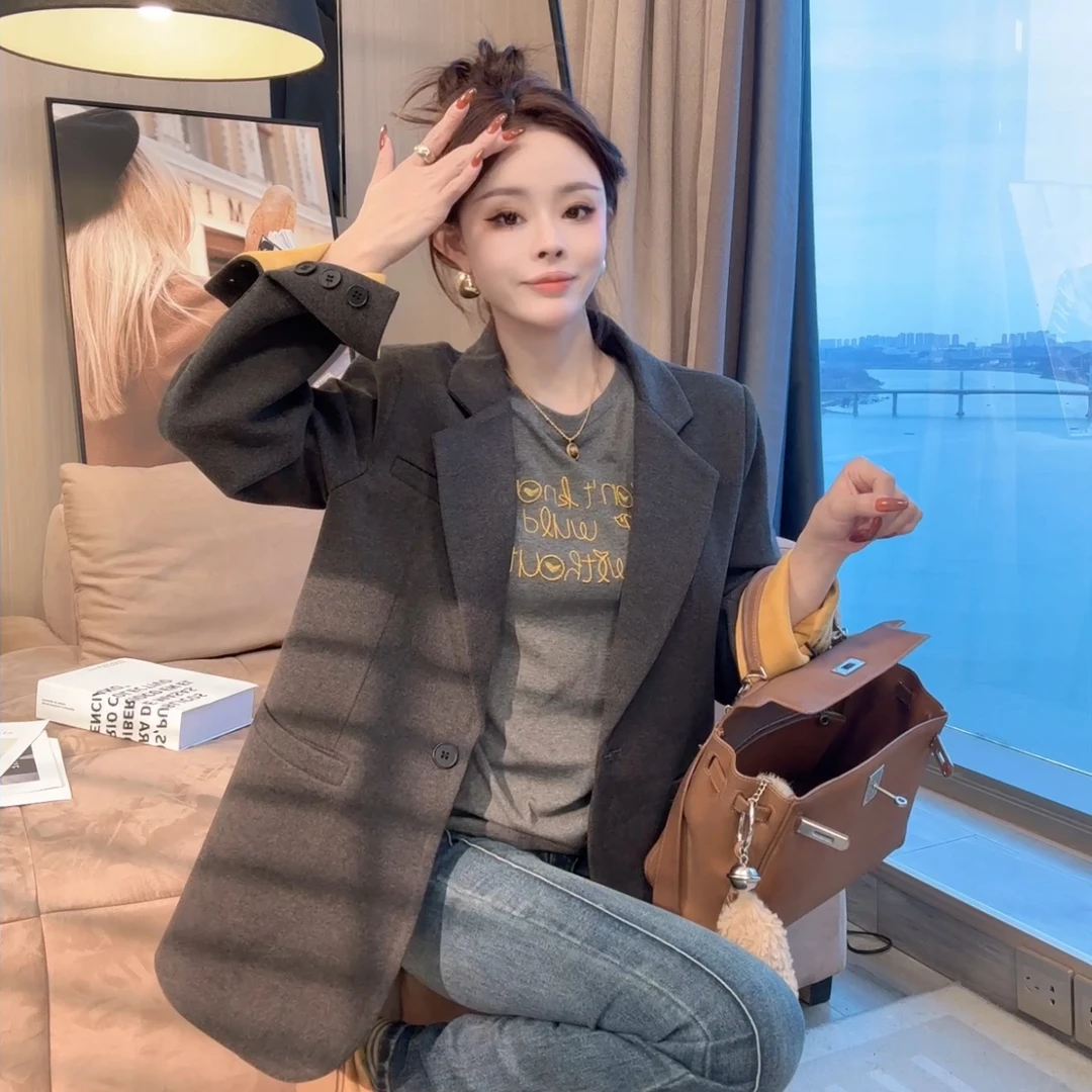 【晓溪服饰】春季新款斜纹韩版显瘦细呢聊西装外套高级感西服63116