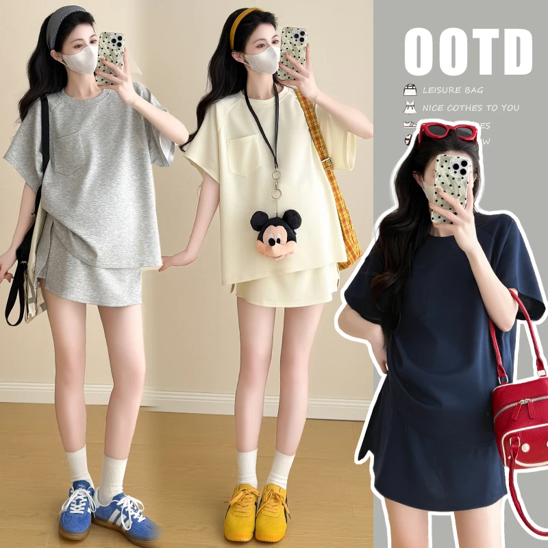 孕妇装2025夏季新款韩版运动休闲风圆领针织孕妇短袖+防走光短裙