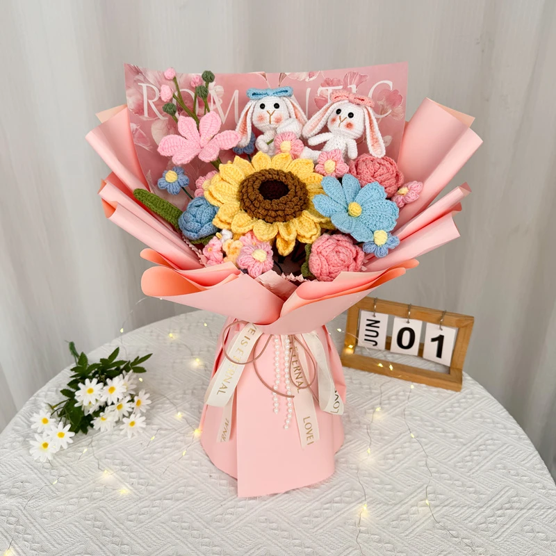创意仿真手工毛线编织花束成品可爱兔子双层向日葵送女友闺蜜花束