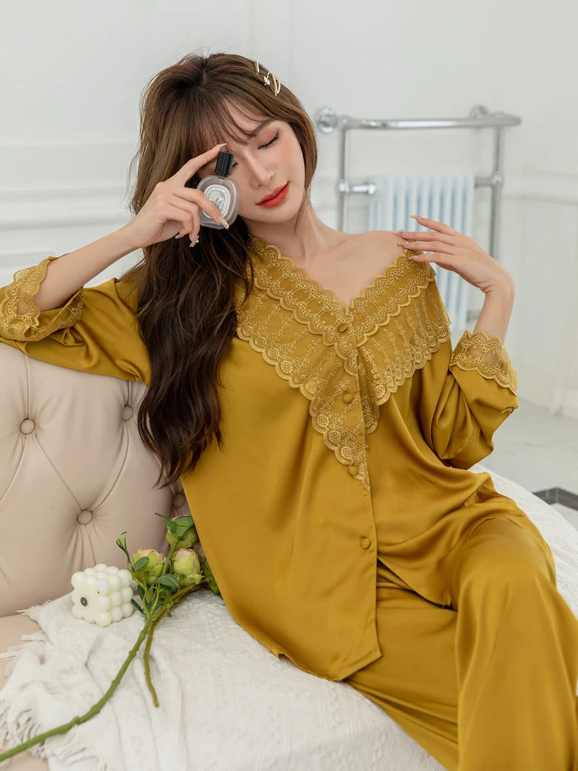 新款轻奢公主风冰丝睡衣女春秋季长袖性感蕾丝轻奢家居服两件套装