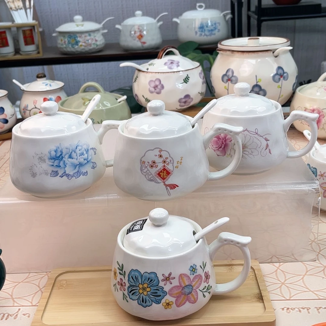 【闪购商品】瓷500毫升单柄调味罐四色各一 带勺