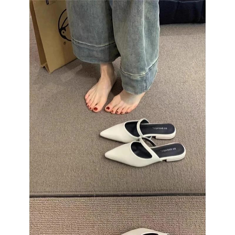 皮版！网红晚晚风温柔气质尖头包头半拖鞋女夏外穿平底凉拖鞋鞋女