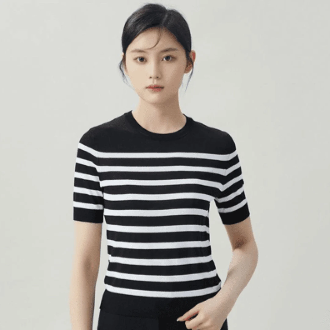 阿玛施AMASS通勤经典不过时条纹花色圆领短袖针织衫女5399611