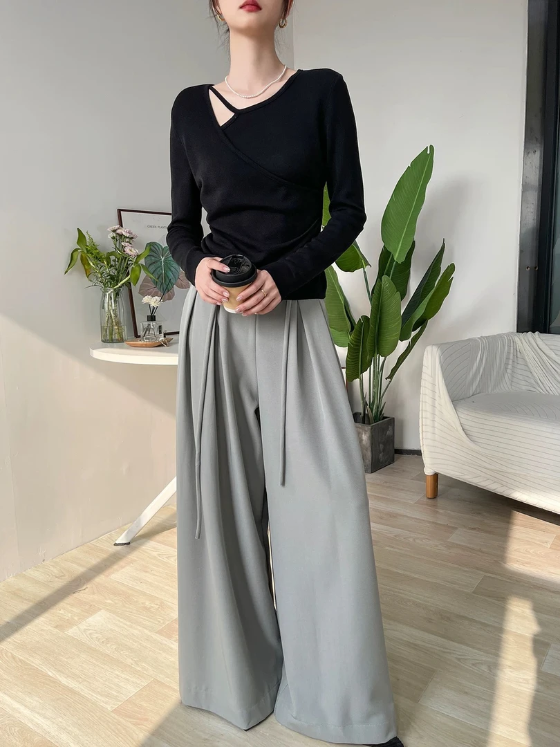 西装阔腿裤垂感休闲裤高腰宽松阔腿长裤设计感 16301