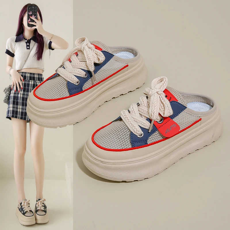 春季外穿半拖透气凉拖鞋2025年网红韩版百搭休闲平底鞋网面鞋子女