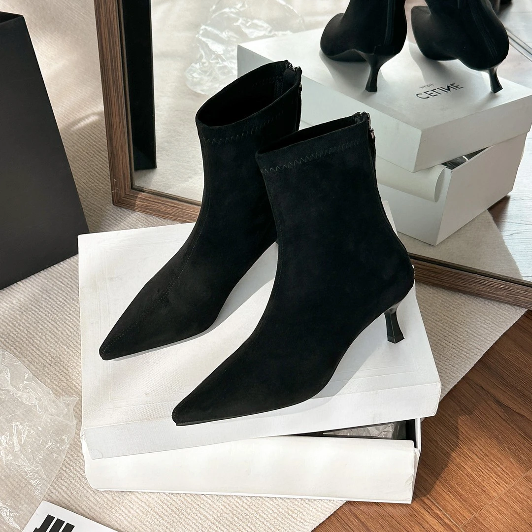 细跟中跟欧美风女尖头秋冬季短靴女靴网红高跟跟鞋