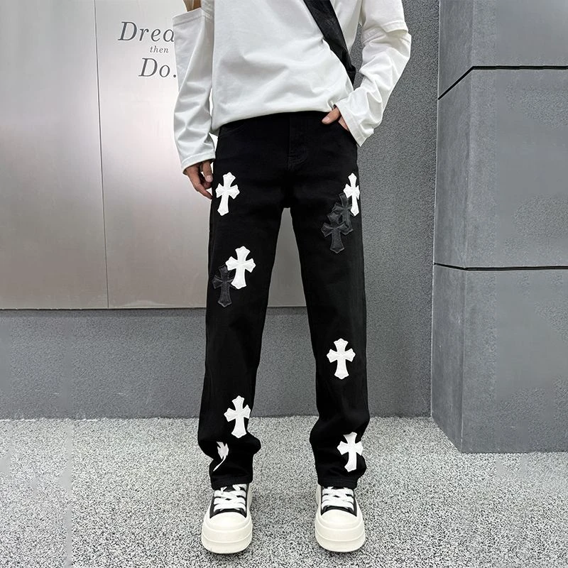 美式潮牌美式裤子男款宽松水洗十字架贴布长裤潮牌痞帅炸街男装