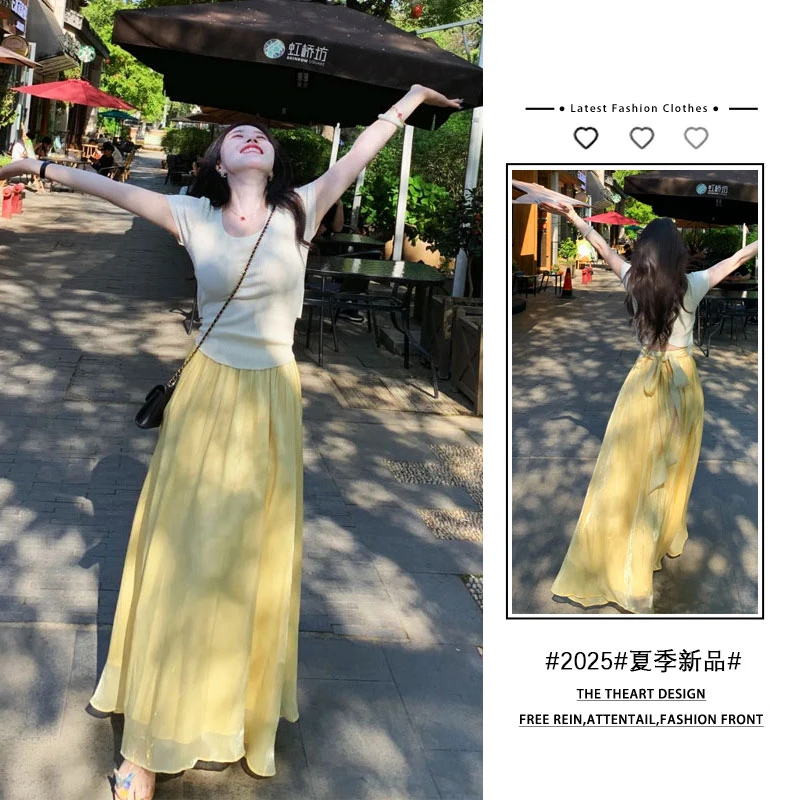 T257086+T257087夏季超火穿搭套装韩系绑带上衣高腰半身裙两件套