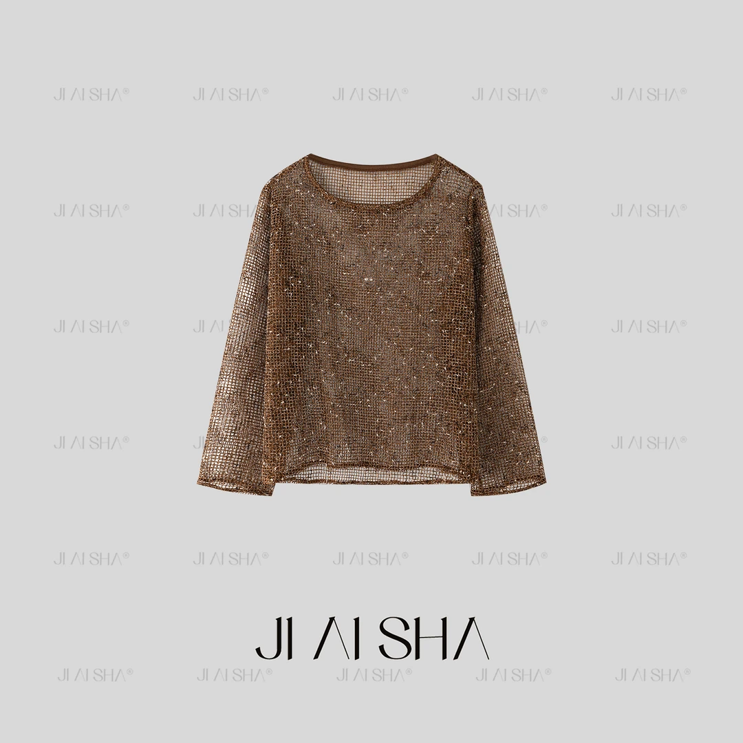 JAS 思思 新款波西米亚度假风长袖镂空针织上衣 JS252a30002n