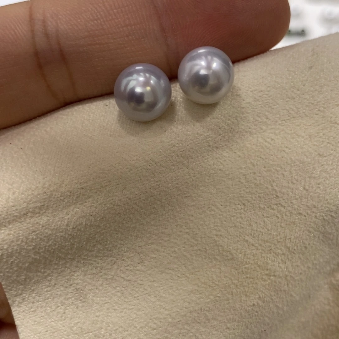 银S925镶嵌海水珍珠耳饰澳白无暇素钉9-10mm