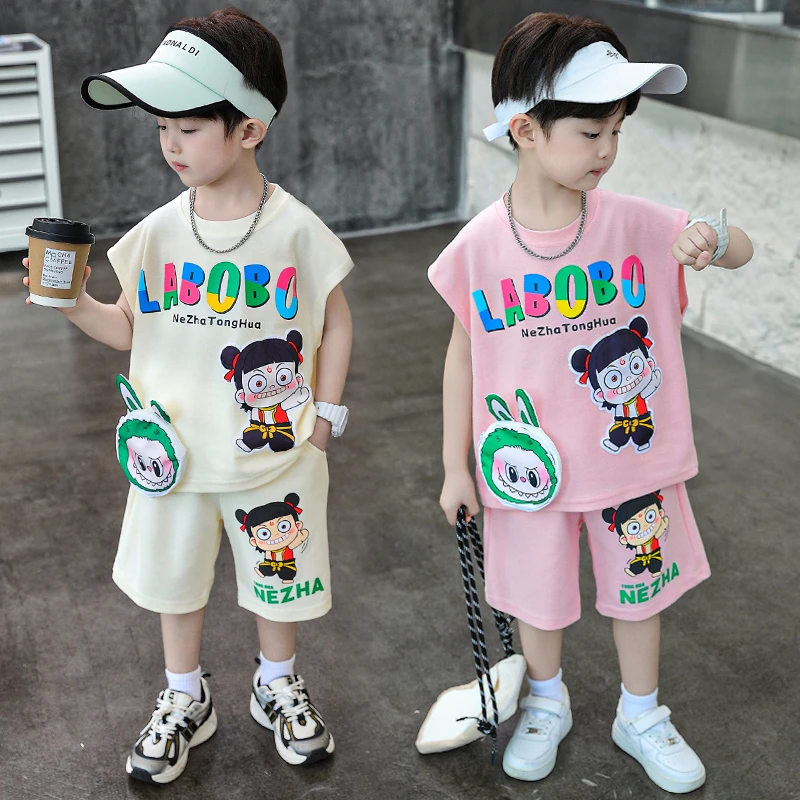 男童夏季无袖套装2025新款儿童卡通背心帅气男孩两件套夏装薄衣服