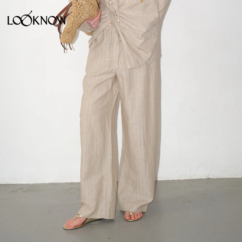 IF BY LAND设计师品牌LOOKNOW2025年春季新款亚麻条纹串珠长裤