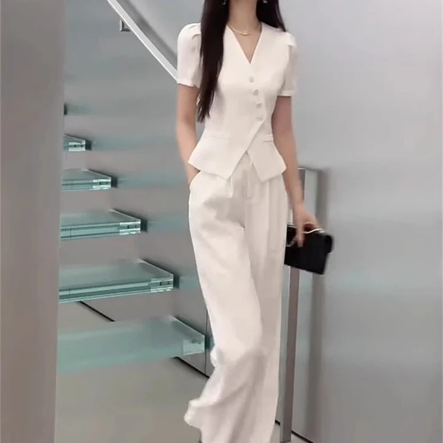 高雅时尚套装女2025夏季新款高级斜纽扣小西服上衣气质长裤两件套