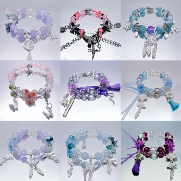 合金琉璃手链 福福单合金琉璃手链直播拆软胶花钢圈款弹力绳双圈