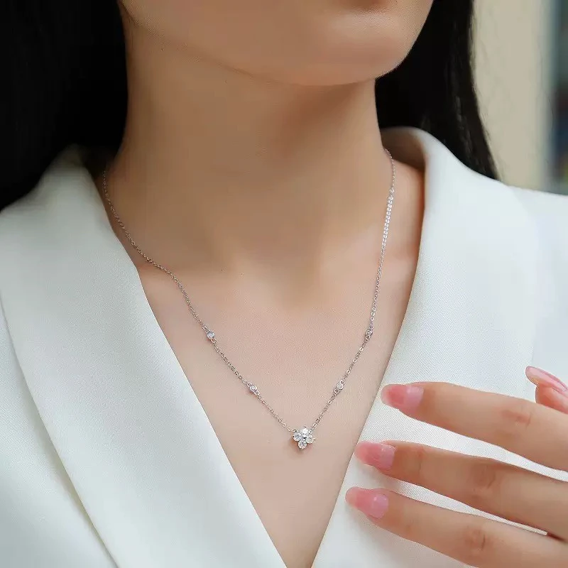 钛钢项链 四叶草925银莫桑石电镀7层不掉色