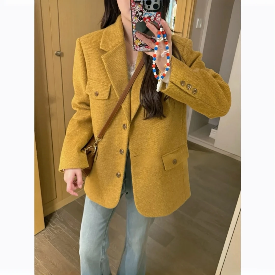 韩系小香风轻奢高级感洋气独特别致又a又飒黄色西装外套女
