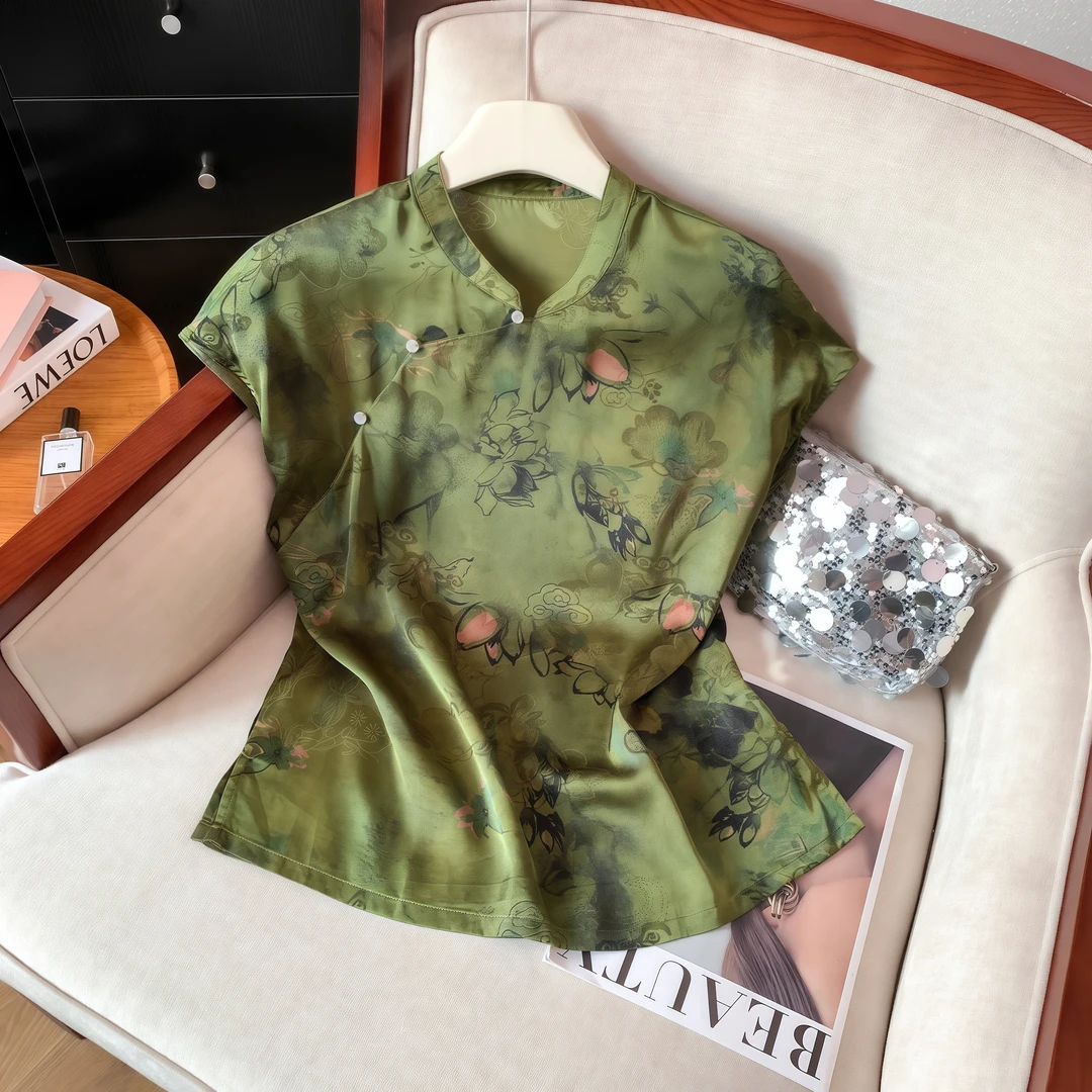 高级感新中式复古国风提花短袖2025夏季新款设计感印花显瘦衬衫女