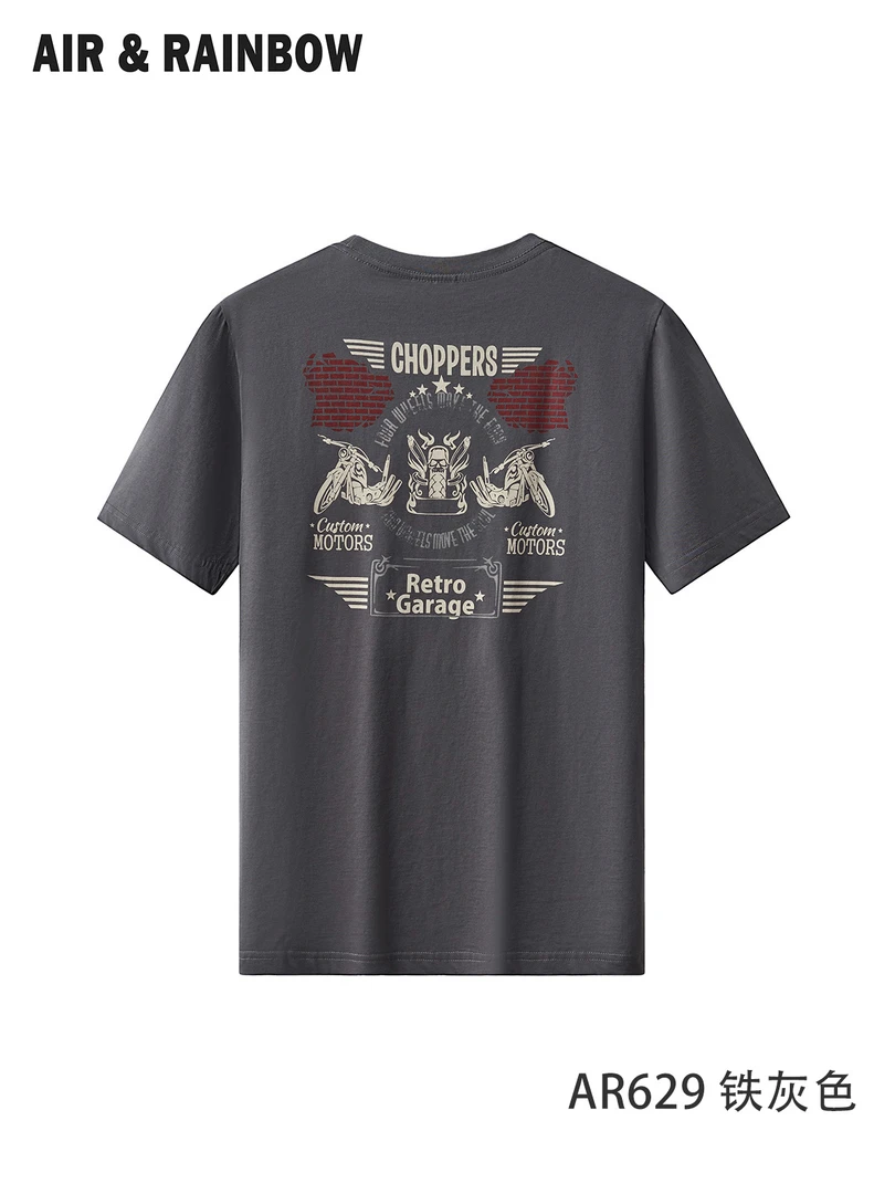 【AB面前后印花】美式机车风无手感印花夏季纯棉男士圆领短袖T恤629