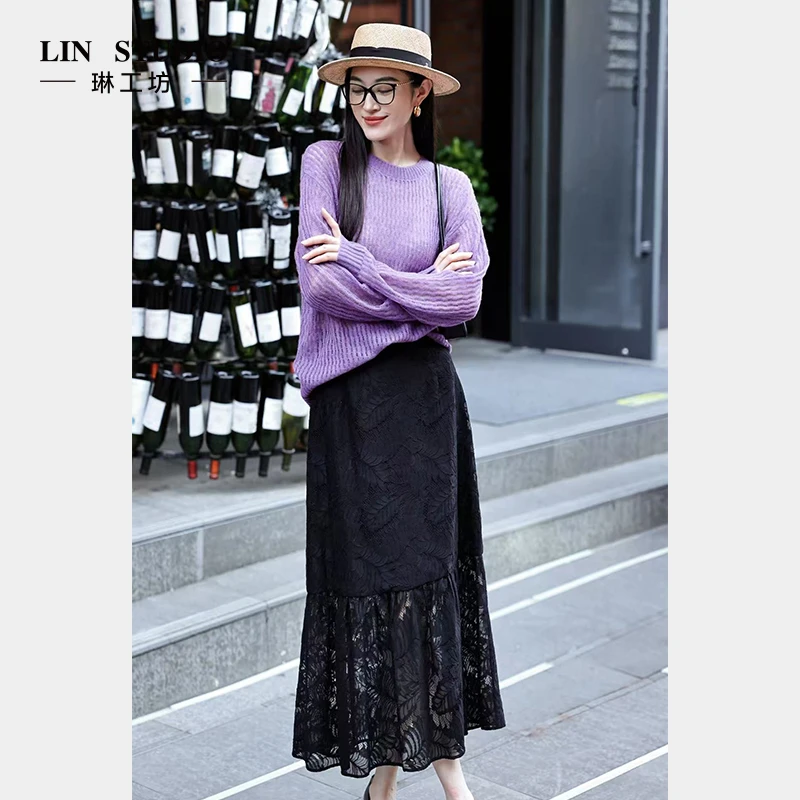 【重工手工蕾丝 棉】琳工坊“桥香”黑色蕾丝半裙气质优雅唐琳设计师
