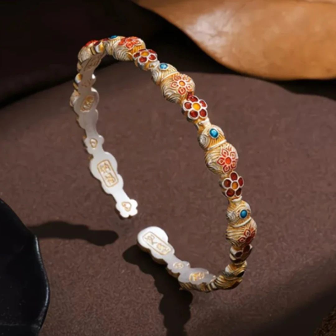 足银手镯 A27足银999珐琅葫芦宝香花吉言开口手镯