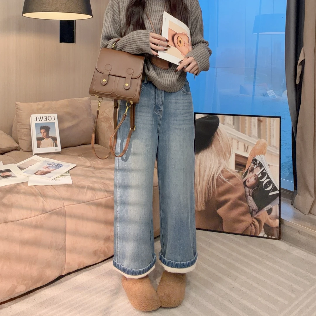 【晓溪服饰】浅蓝阔腿牛仔裤秋冬高腰显瘦加绒宽松垂感直筒裤6702